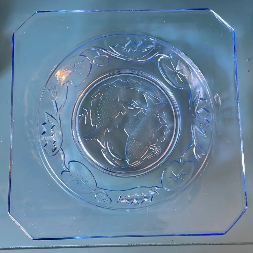 Antique Art Deco Bagley Blue Depression Glass Fish Plate